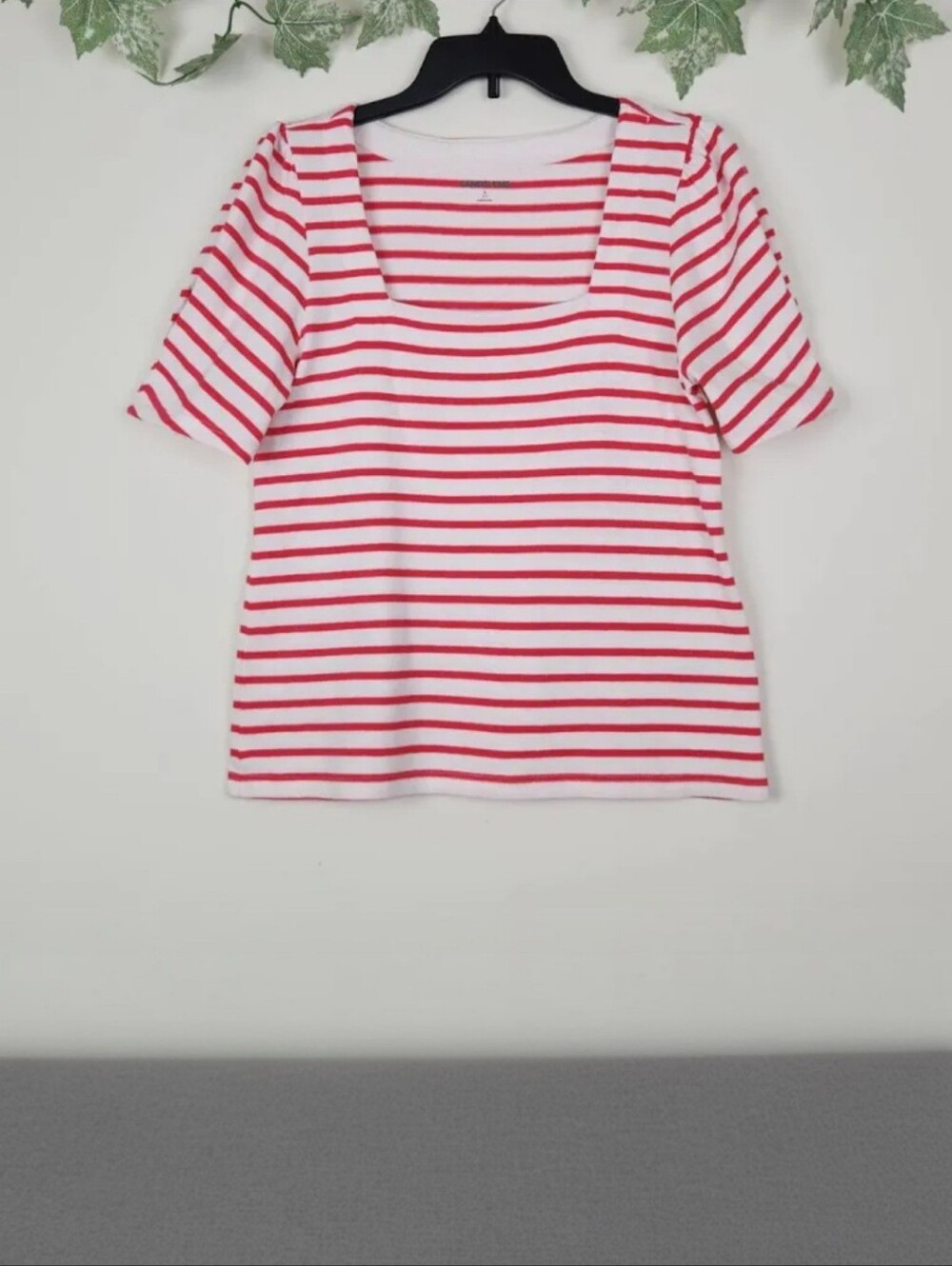 Lands' End Striped Puff Sleeve Square Neck Top Red White Women's Size XL